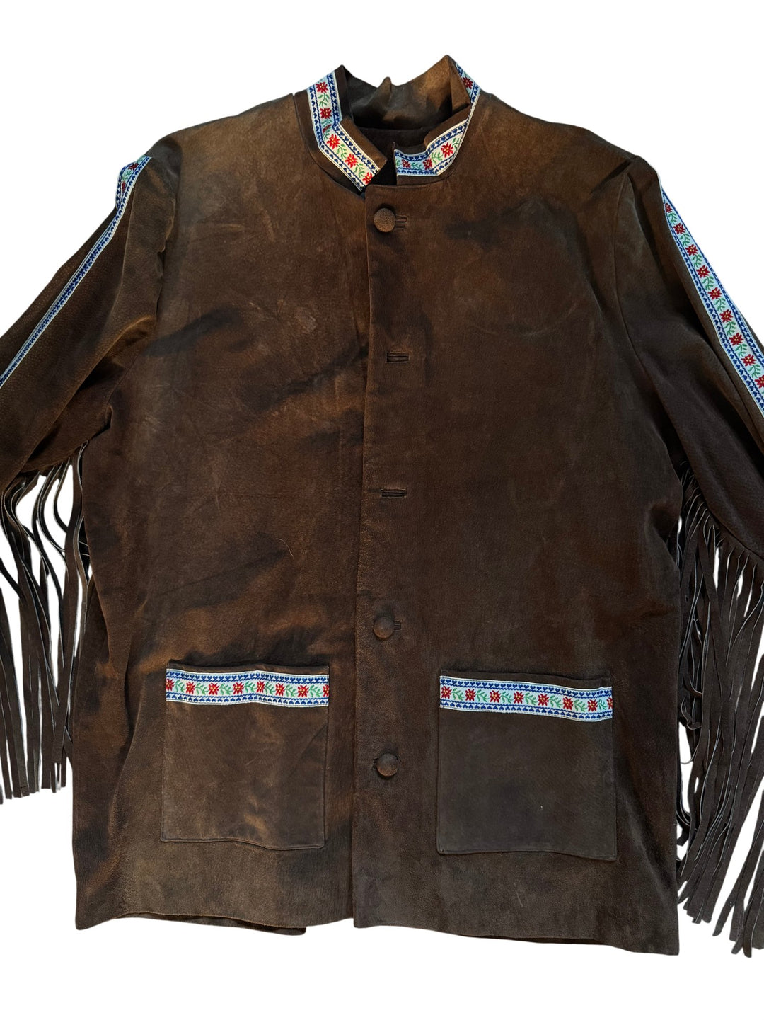 Late 1960s Brown Suede Fringe Jacket with Floral Trim - M - Think Vintage ltd
