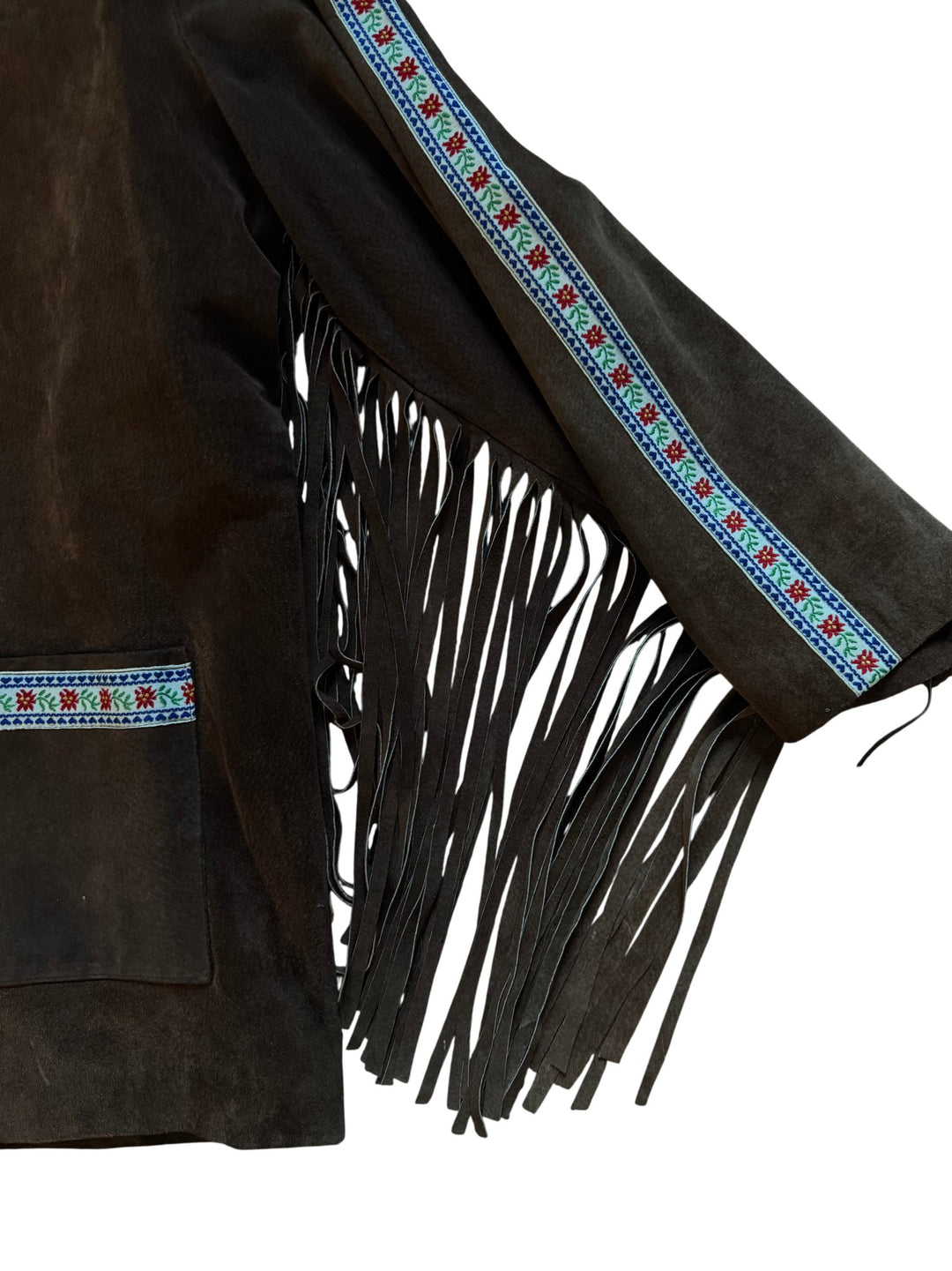 Late 1960s Brown Suede Fringe Jacket with Floral Trim - M - Think Vintage ltd