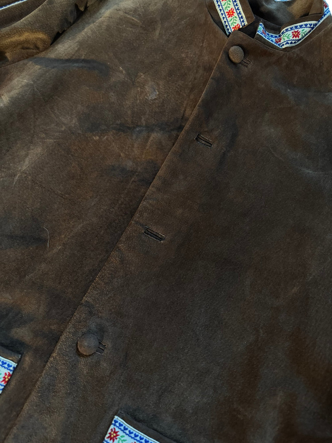 Late 1960s Brown Suede Fringe Jacket with Floral Trim - M - Think Vintage ltd