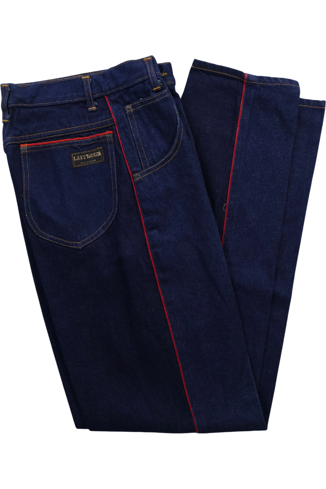 Lazy Bones Tapered Leg Denim Jeans with Red Piping - W26 L34 - Think Vintage