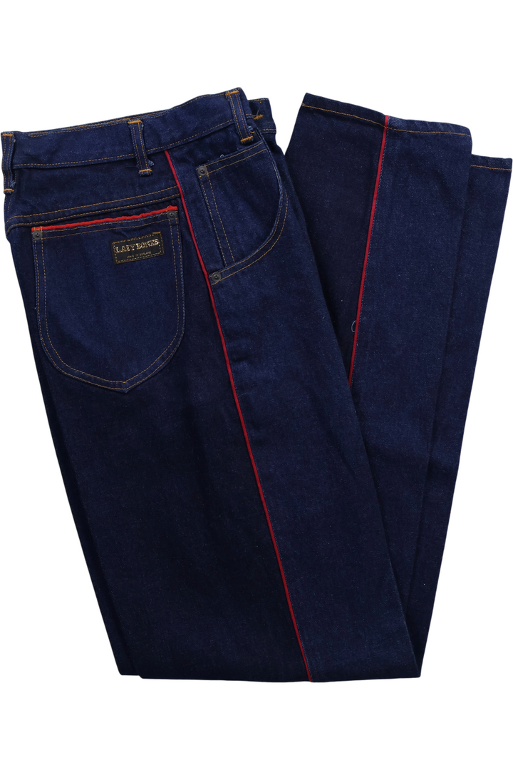 Lazy Bones Tapered Leg Denim Jeans with Red Piping - W26 L34 - Think Vintage