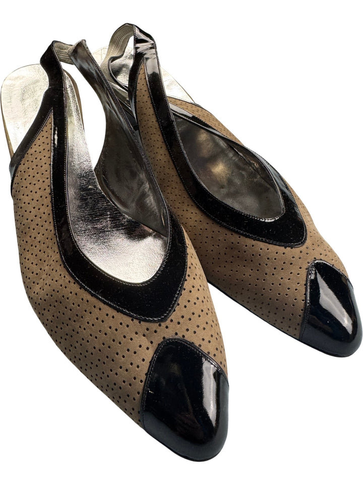 Leather Beige and Black Slingback Heels - 7.5 - Think Vintage ltd