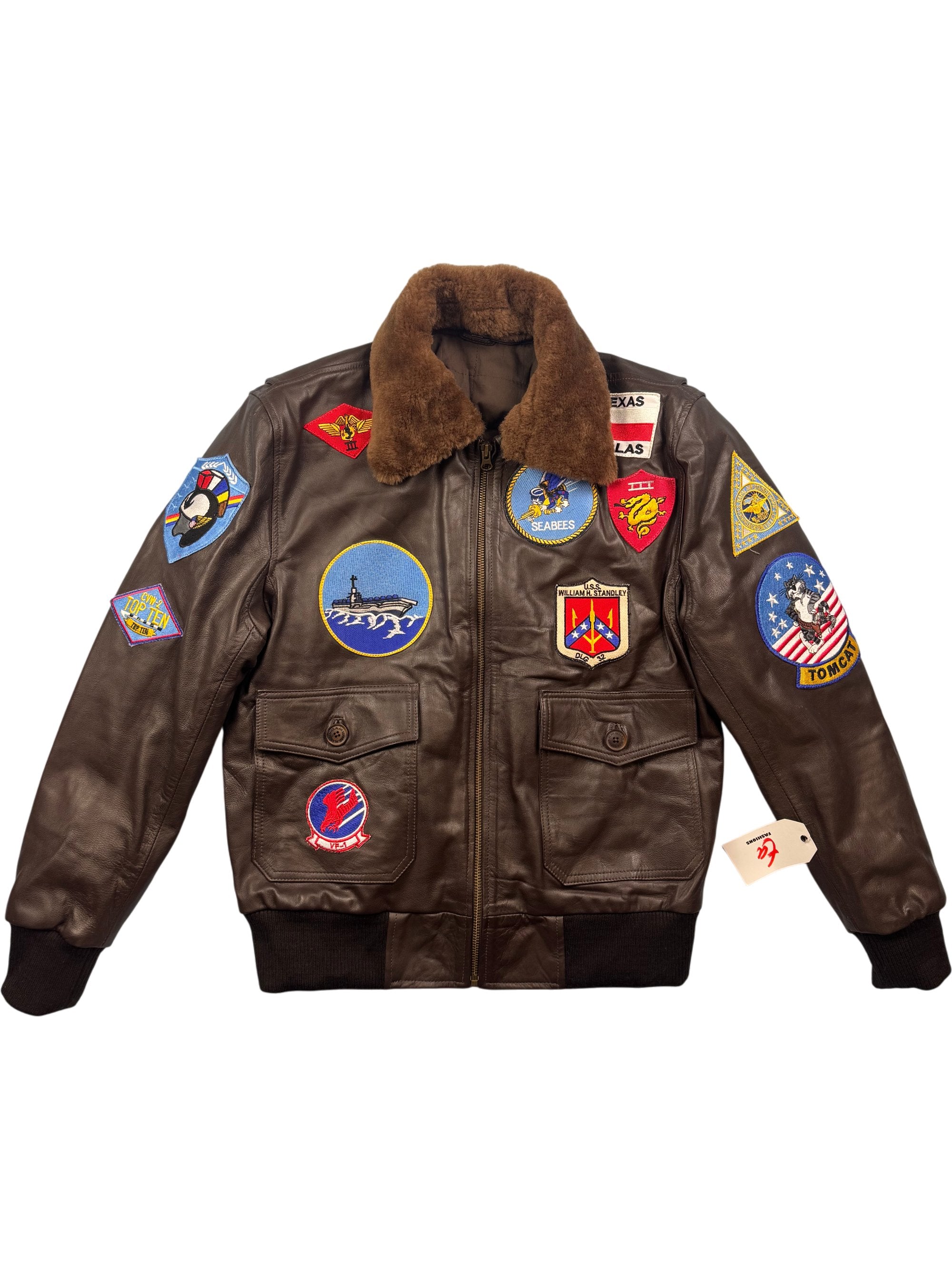 Leather Bomber Jacket with Fur Collar and Patches - L - Think Vintage