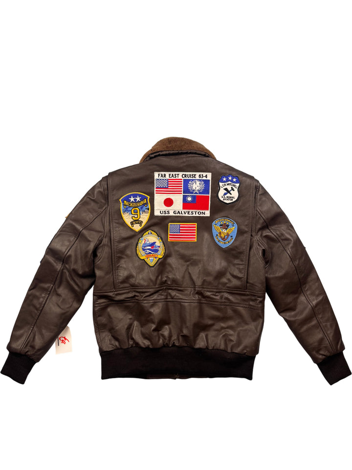 Leather Bomber Jacket with Fur Collar and Patches - L - Think Vintage Online Ltd