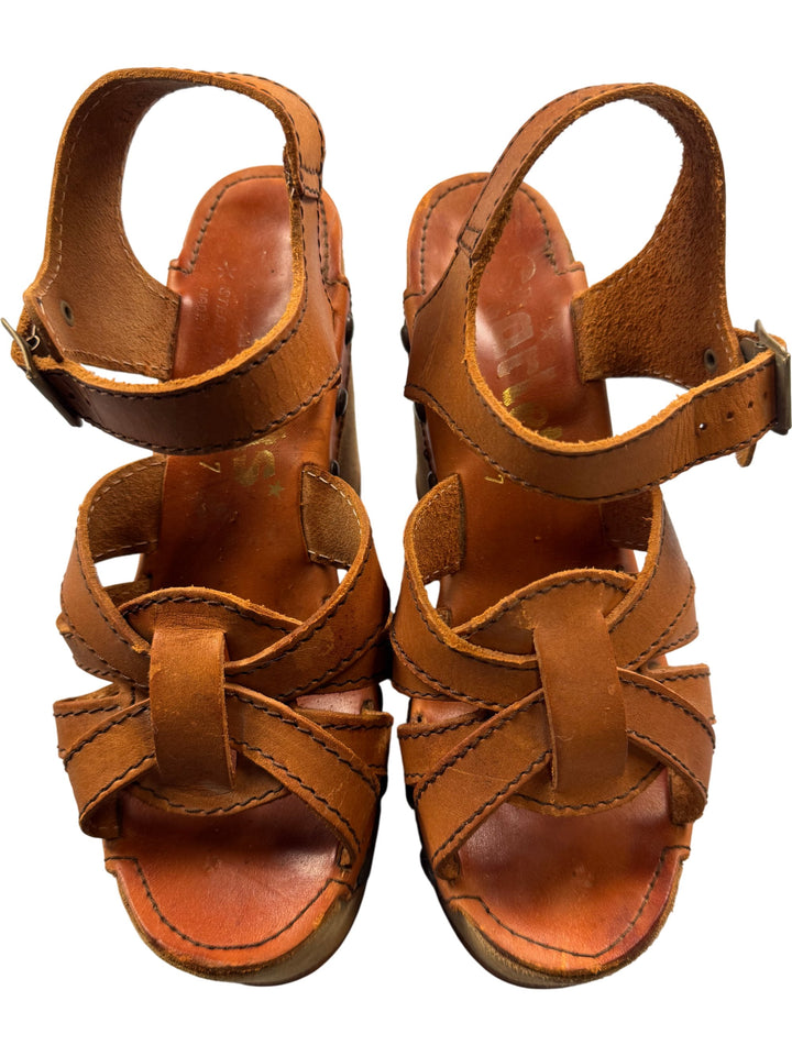Leather Platform Sandals With Ankle Strap - UK 7 - Think Vintage