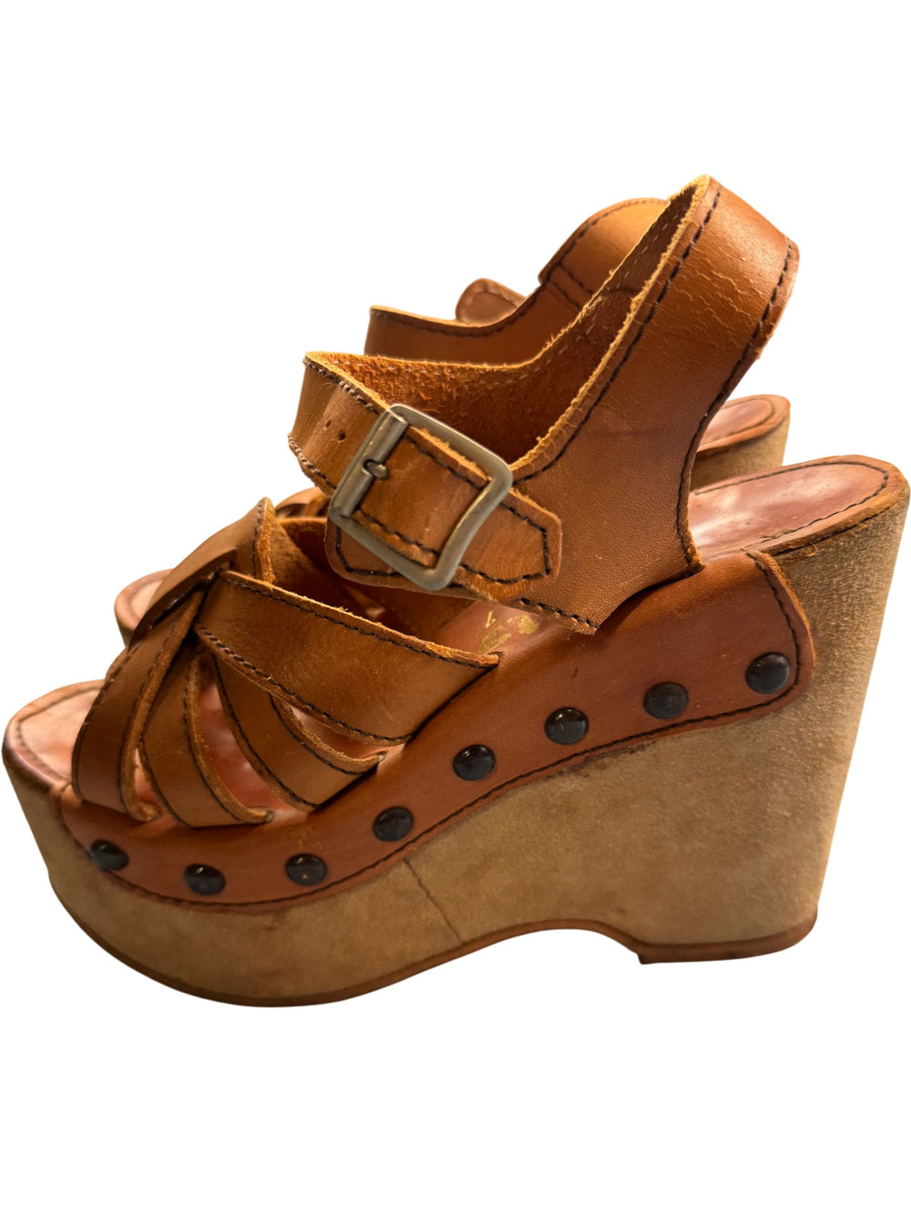Leather Platform Sandals With Ankle Strap - UK 7 - Think Vintage