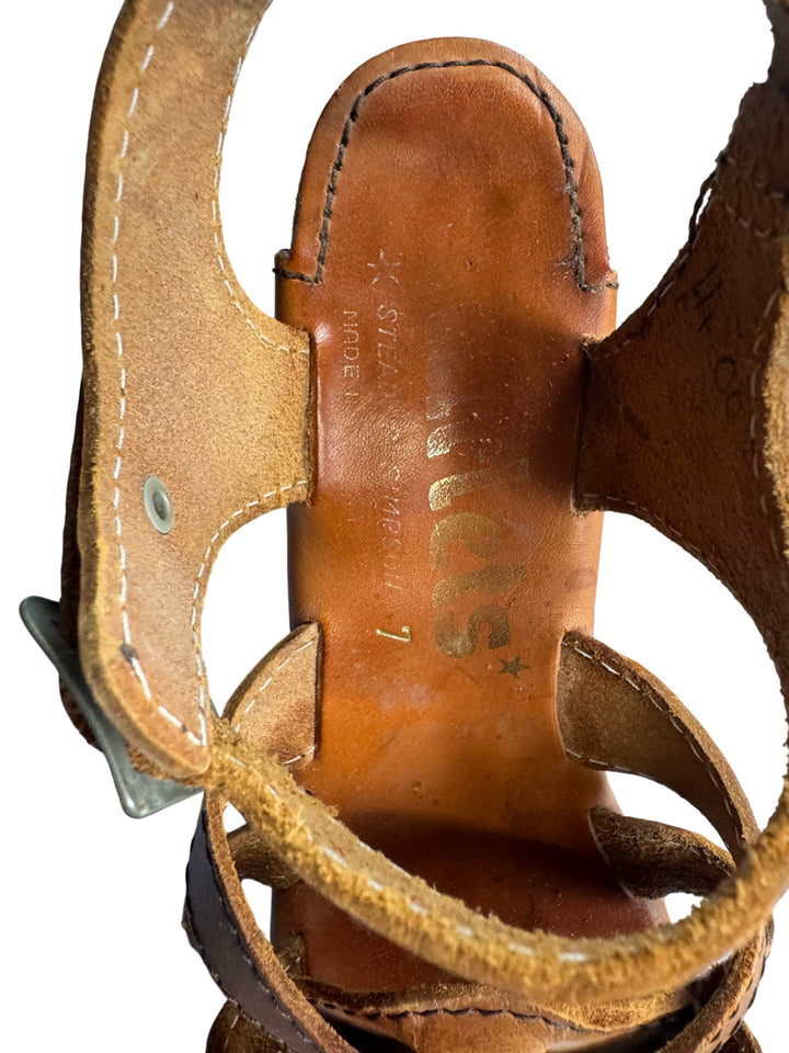 Leather Platform Sandals With Ankle Strap - UK 7 - Think Vintage