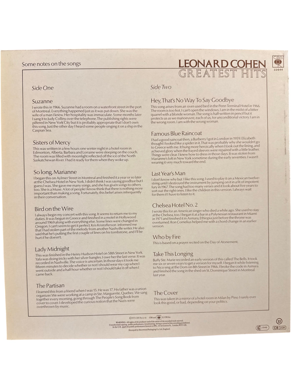 Leonard Cohen Greatest Hits Vinyl Record - Think Vintage