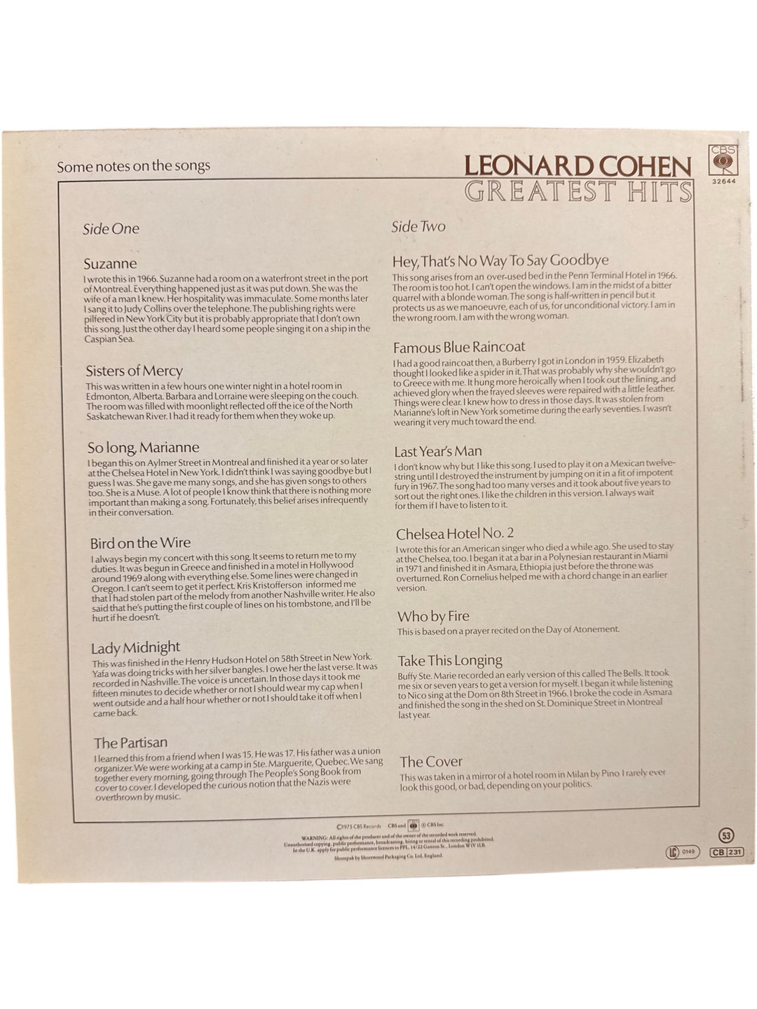 Leonard Cohen Greatest Hits Vinyl Record - Think Vintage