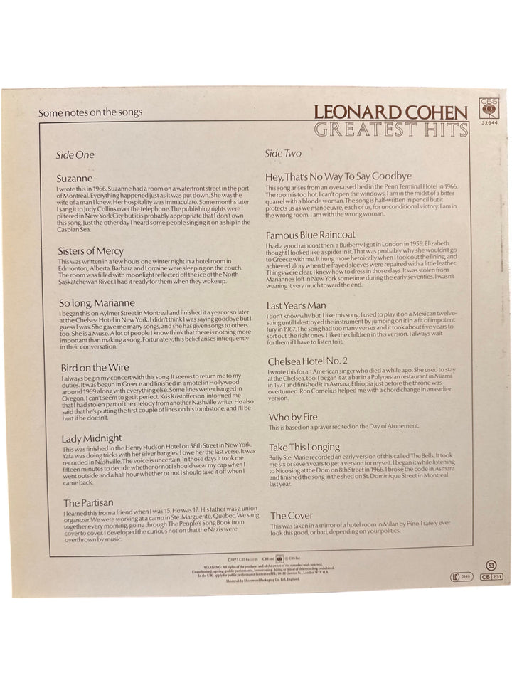 Leonard Cohen Greatest Hits Vinyl Record - Think Vintage