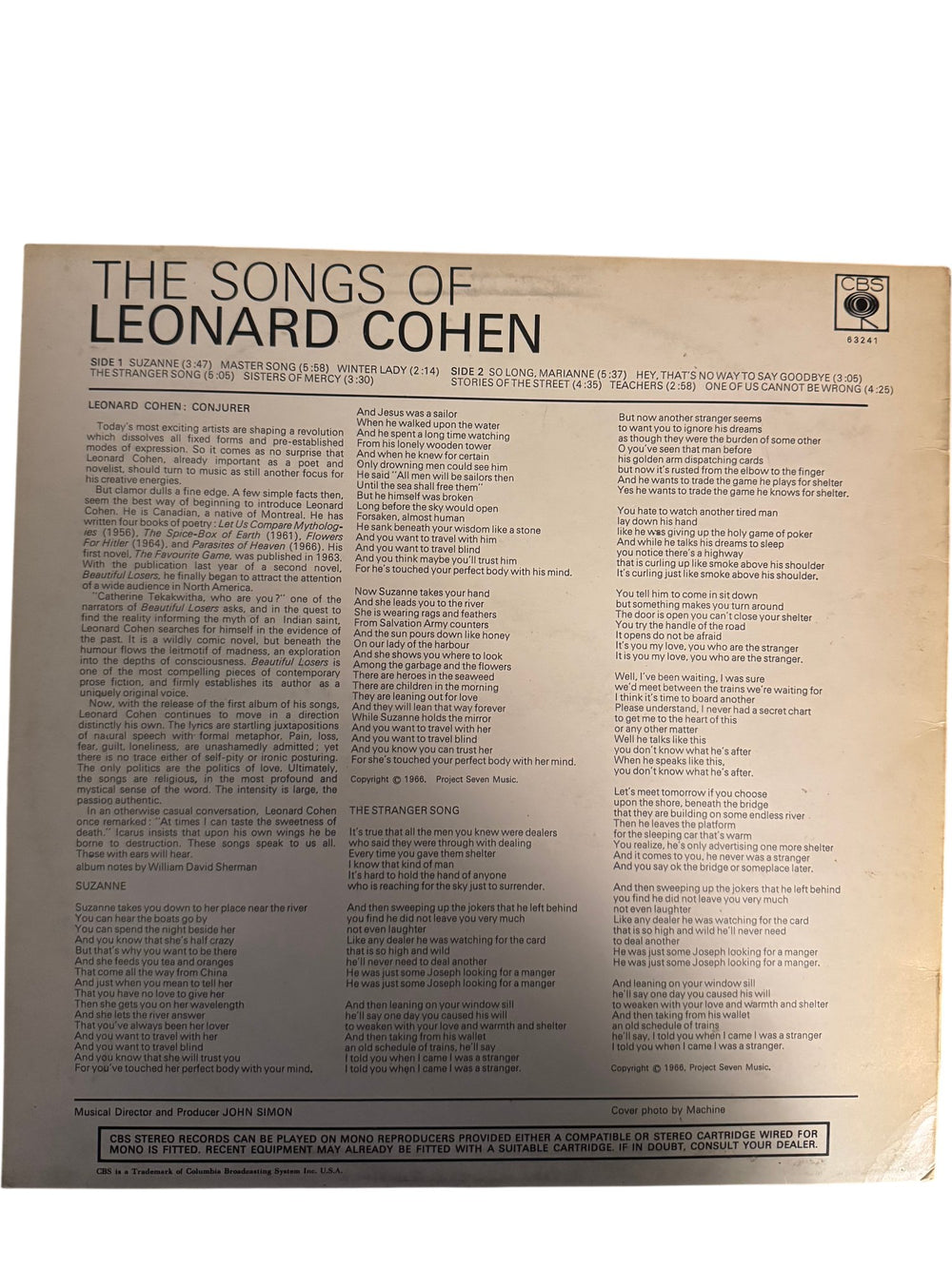 Leonard Cohen Songs Of Vinyl Album - Good - Think Vintage ltd