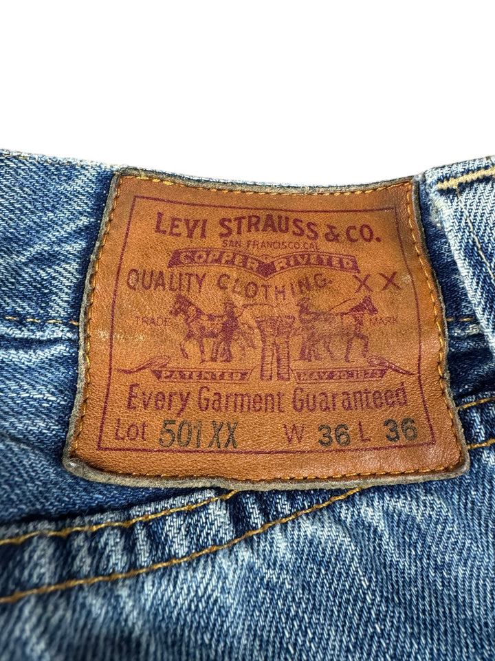 Levi 501 Distressed Limited Edition Big E Selvedge Blue Denim Jeans - W34 - Think Vintage ltd