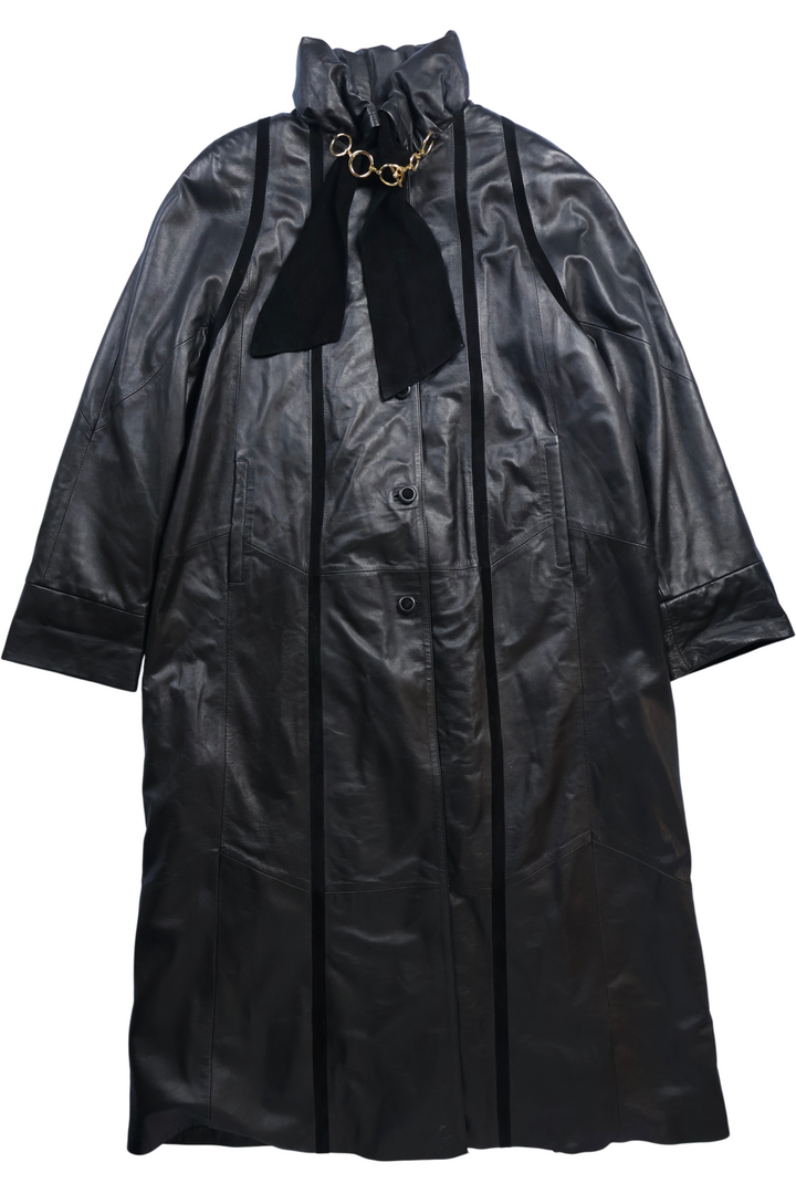 Long Leather Coat with Suede Detail - L - Think Vintage ltd