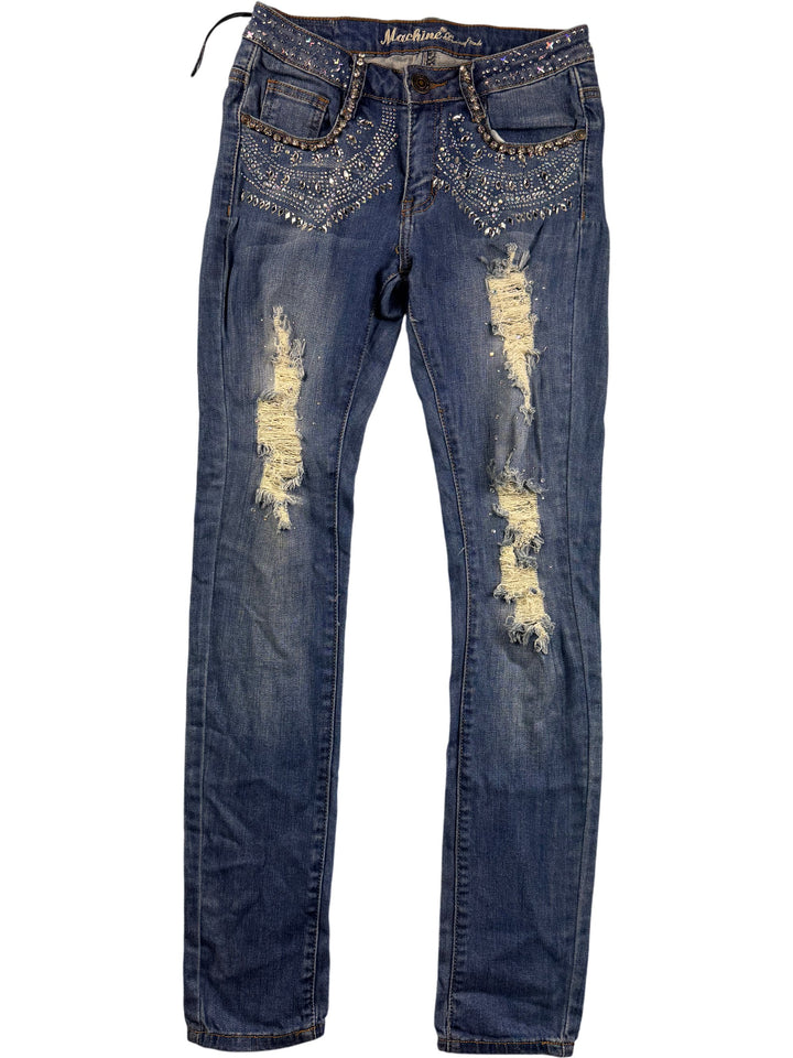 Machine Embellished Distressed Denim Jeans - W28 L31 - Think Vintage
