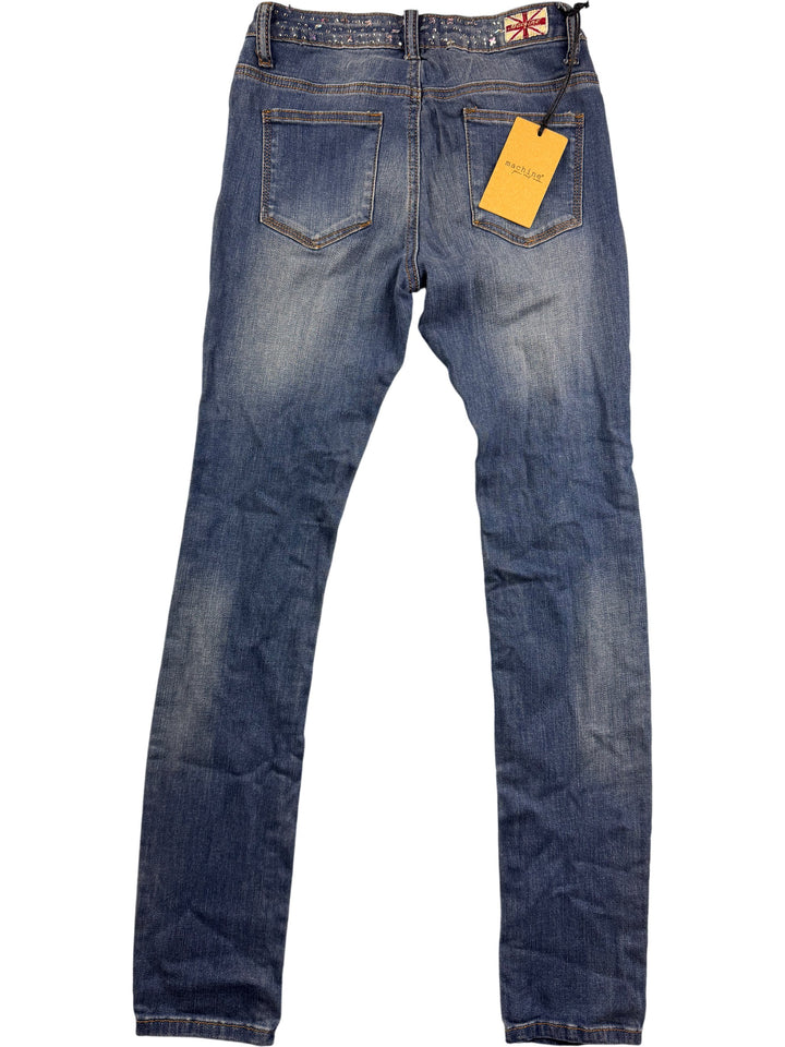 Machine Embellished Distressed Denim Jeans - W28 L31 - Think Vintage