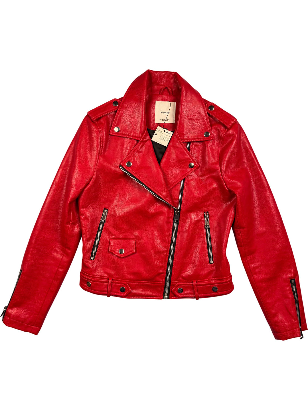Mango Red Faux Leather Biker Jacket - M - Think Vintage