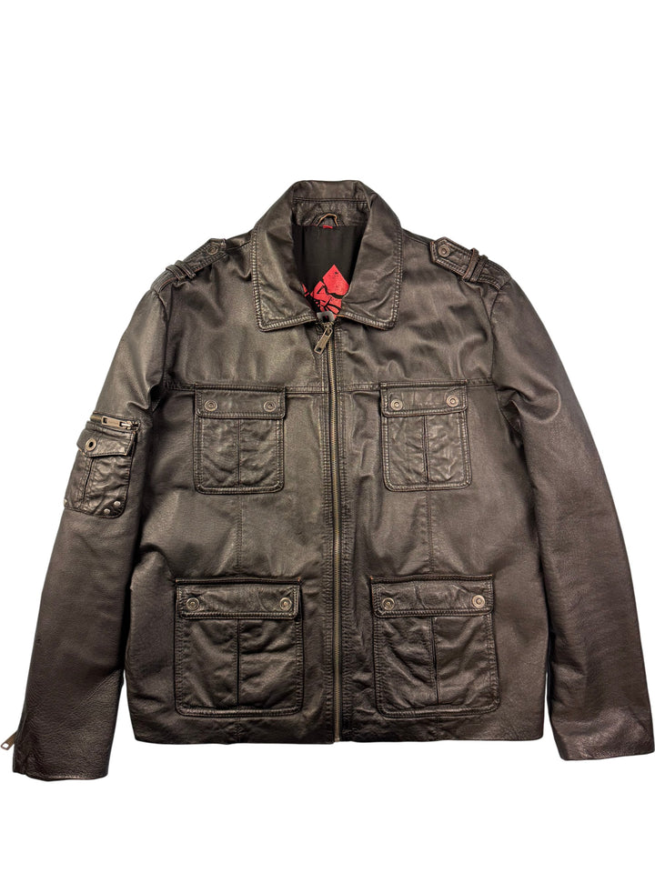 Manguun Leather Jacket with Multiple Pockets - L - Think Vintage Online Ltd
