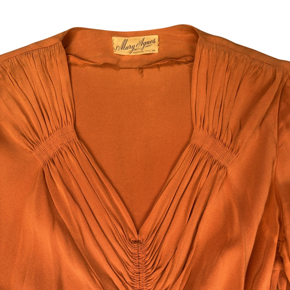 Mary Agnes 1930s Rust Pleated Long Sleeve Dress - S - Think Vintage