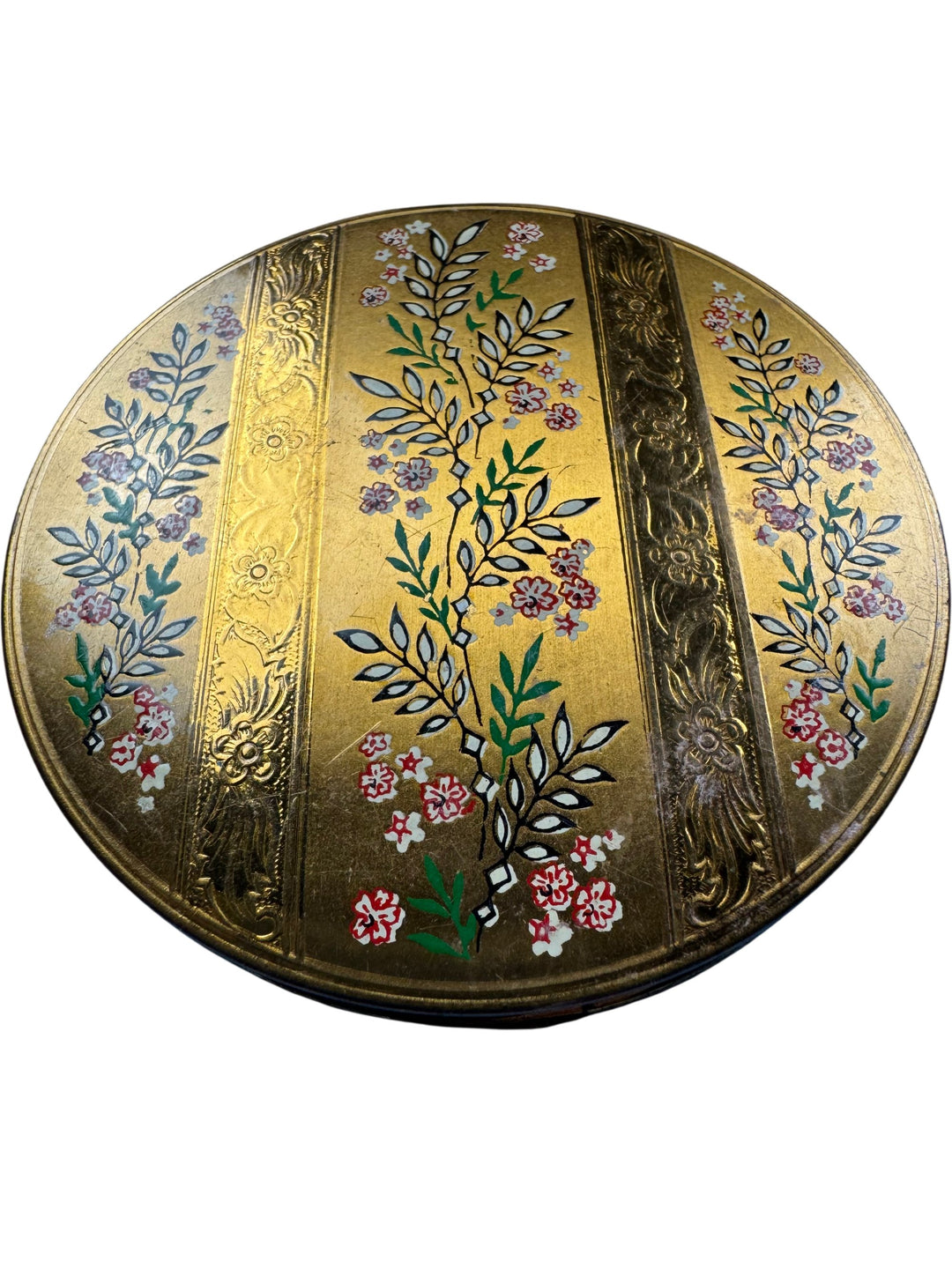 Mascot Gold Metal Compact with Floral Design - Think Vintage Online Ltd