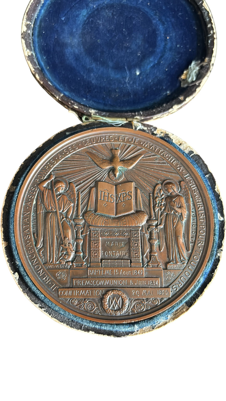 Mid 19th Century Antique French Baptism Medallion Bronze - Think Vintage Online Ltd