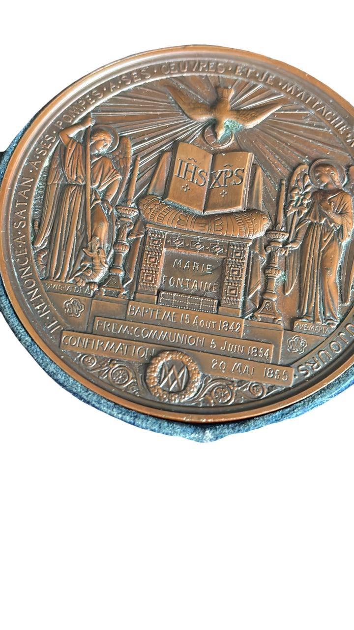 Mid 19th Century Antique French Baptism Medallion Bronze - Think Vintage Online Ltd