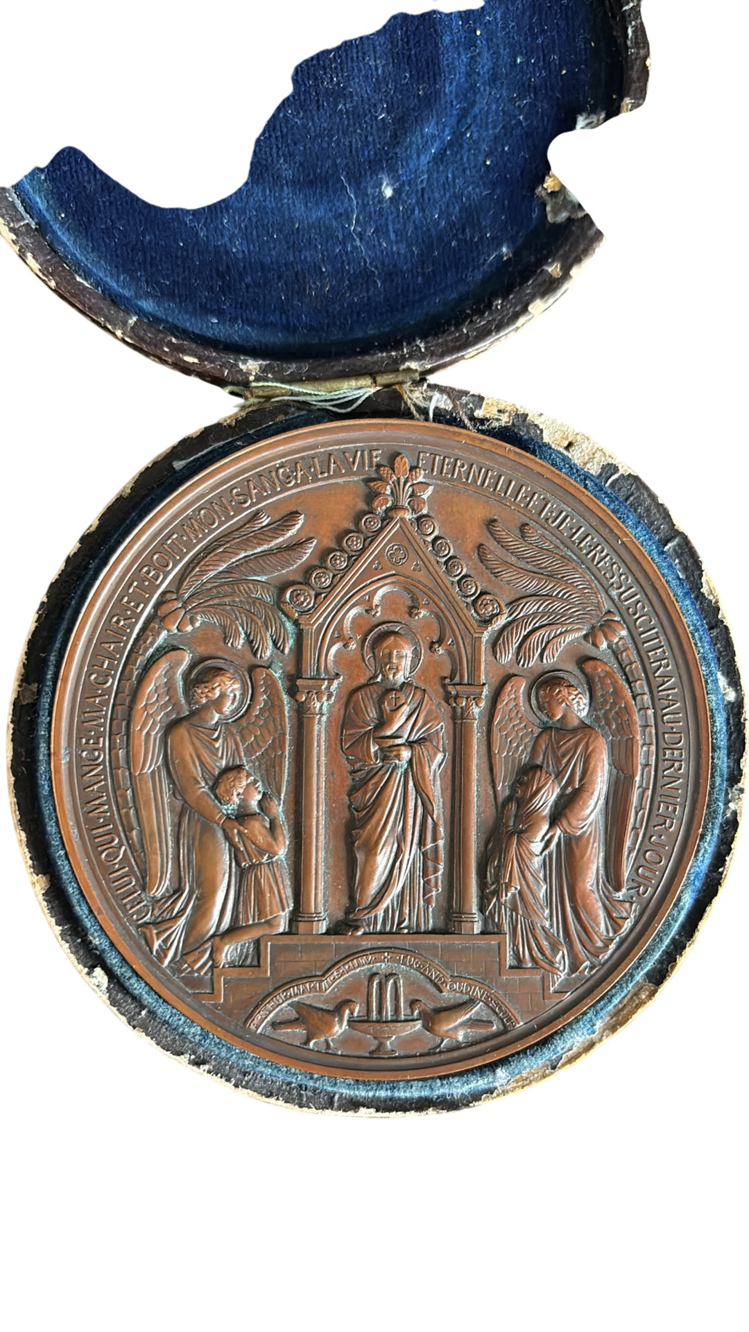 Mid 19th Century Antique French Baptism Medallion Bronze - Think Vintage ltd