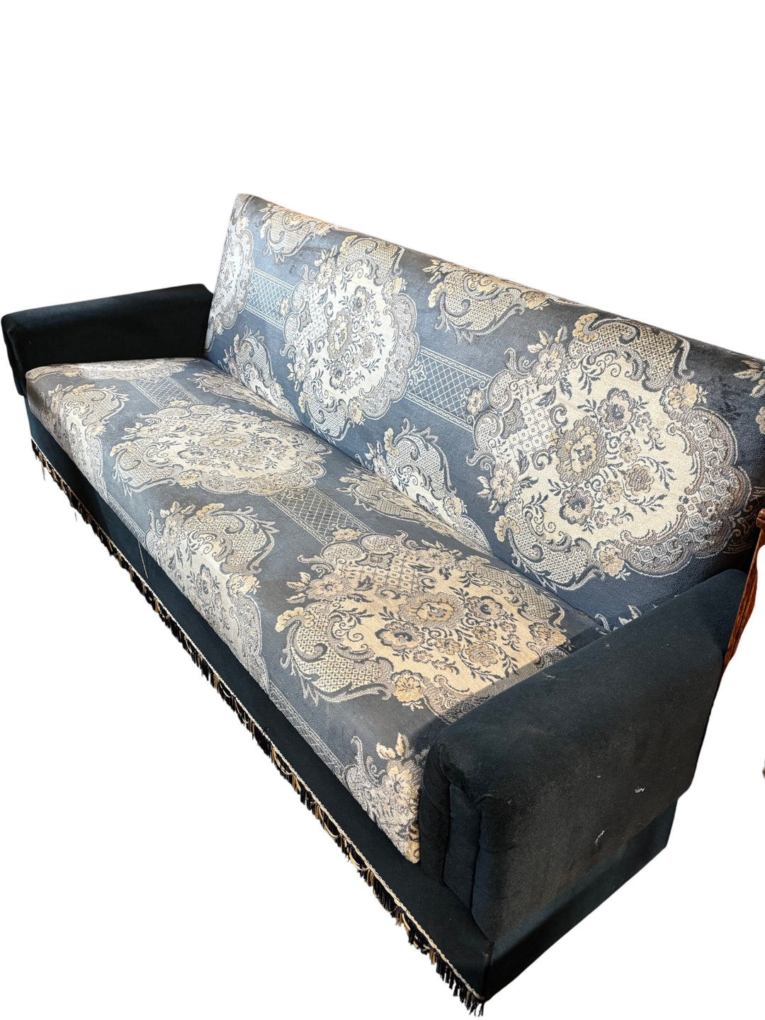 Mid-Century Blue Patterned Upholstered Sofa - Think Vintage