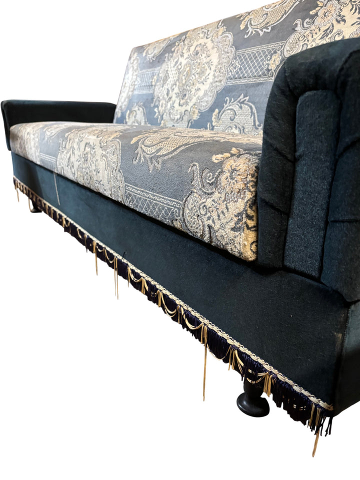 Mid-Century Blue Patterned Upholstered Sofa - Think Vintage