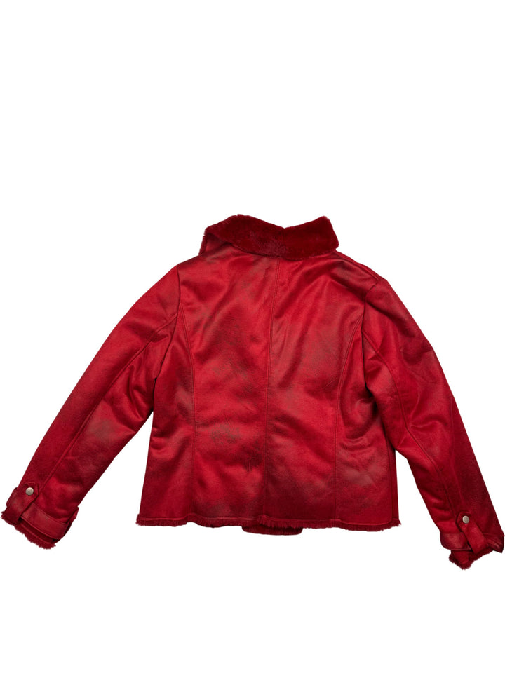 Mint Velvet Red Faux Fur Bomber Jacket  - L - Think Vintage Online Ltd