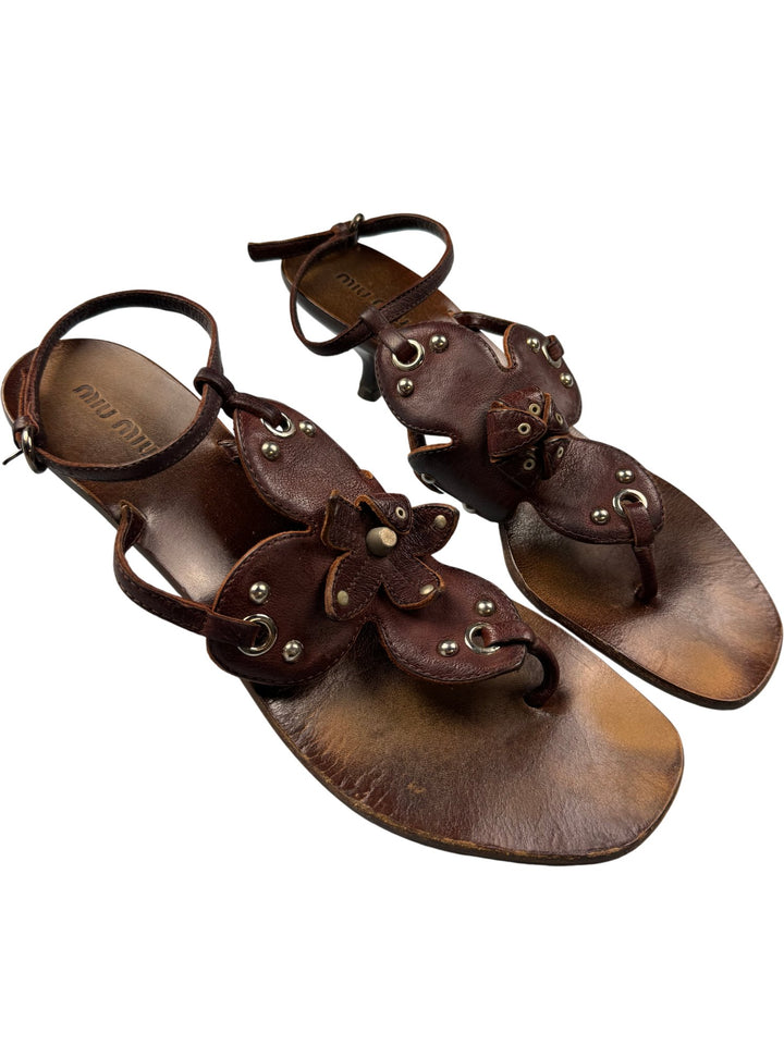 Miu Miu Brown Leather Sandals - Size 7 - Think Vintage ltd