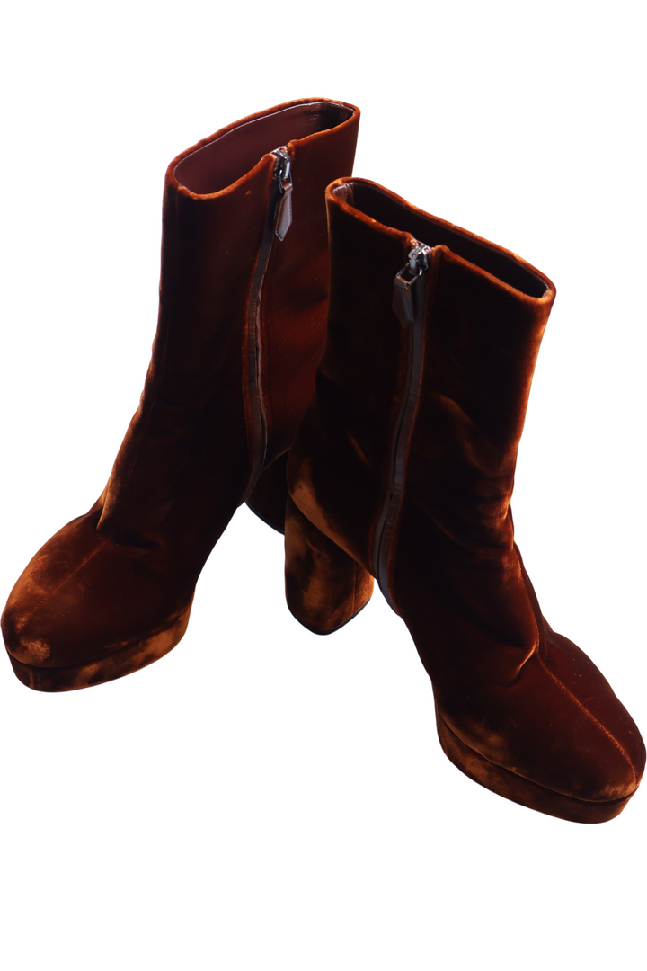 Miu Miu Velvet Ankle Boots with Zipper Brown and Green - 4 - Think Vintage