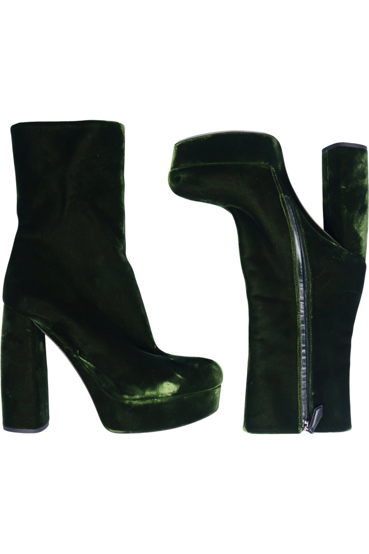 Miu Miu Velvet Ankle Boots with Zipper Brown and Green - 4 - Think Vintage