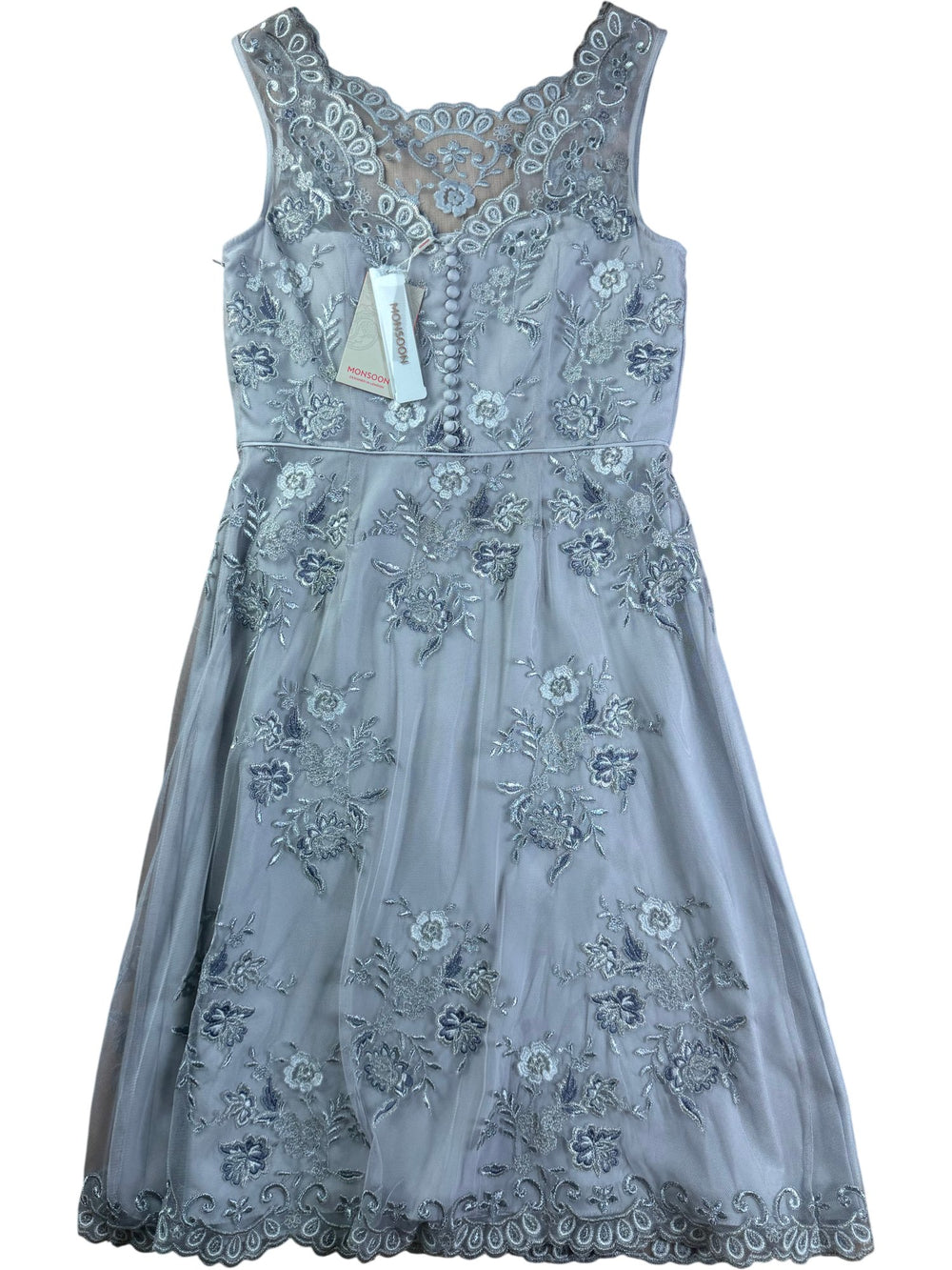 Monsoon Silver Floral Embroidered Dress - S - Think Vintage ltd