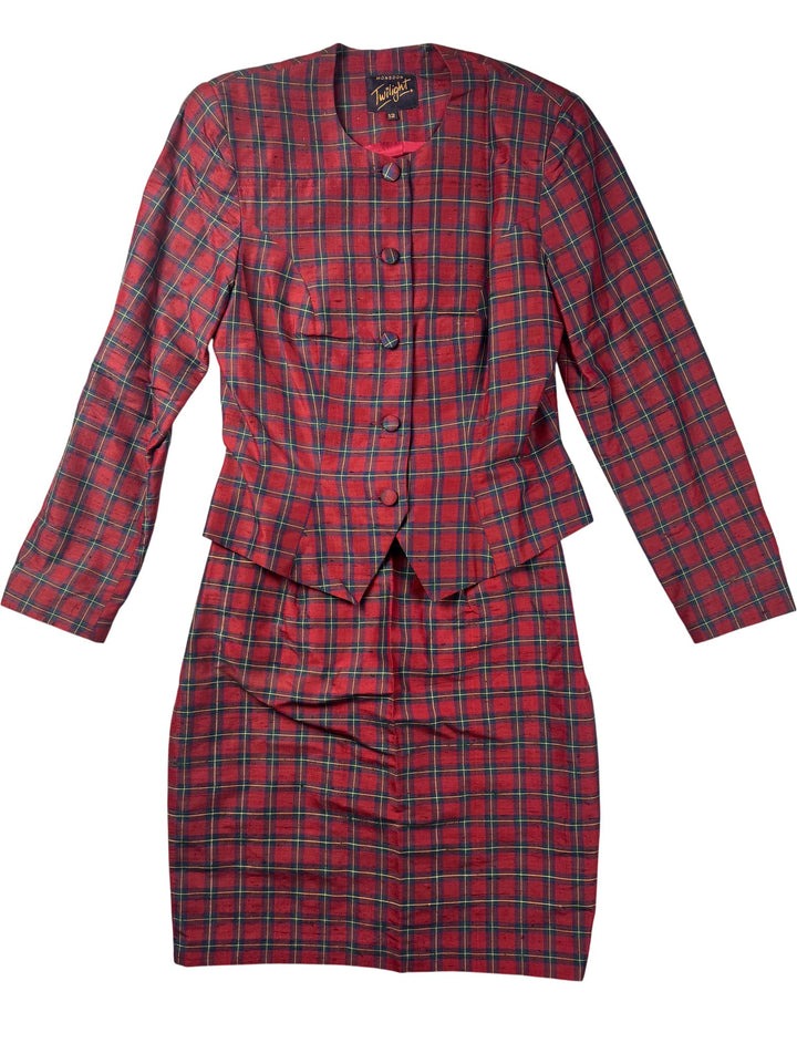 Monsoon Twilight Red Tartan Silk Suit - W27 - Think Vintage ltd