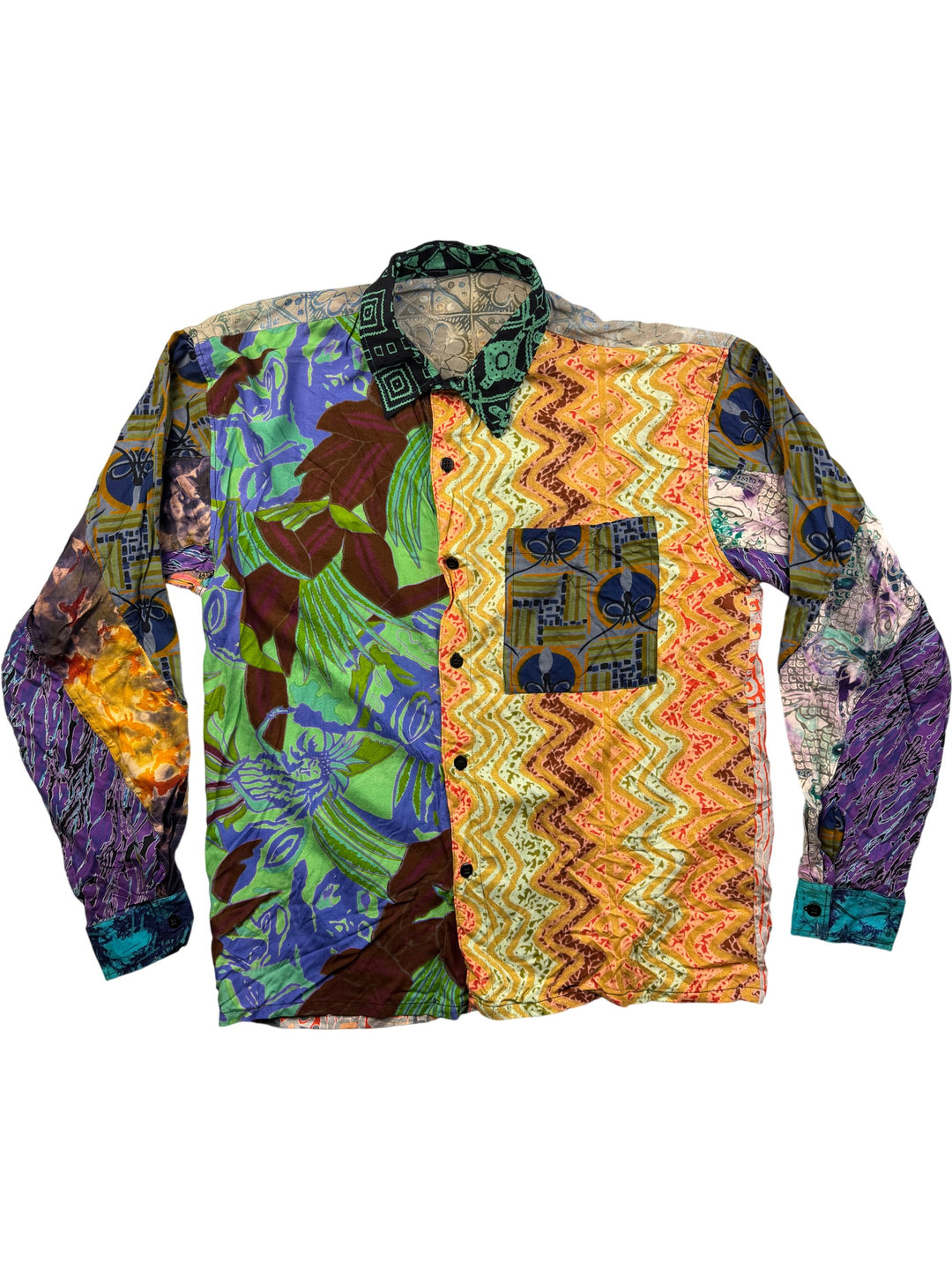 Multicolor Patchwork Long Sleeve Shirt - XL - Think Vintage Online Ltd
