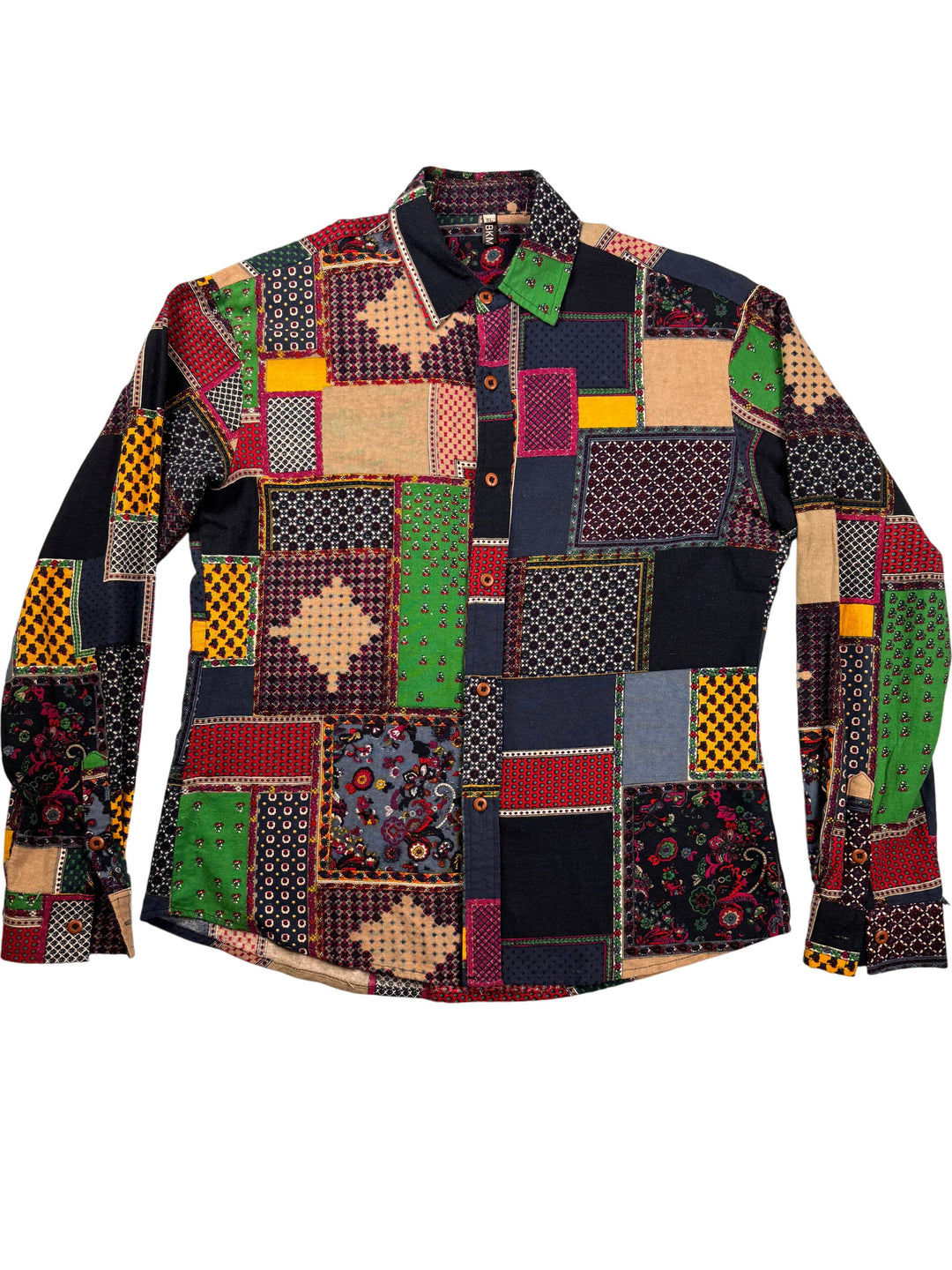 Multicolor Patchwork Long Sleeved Shirt - M - Think Vintage