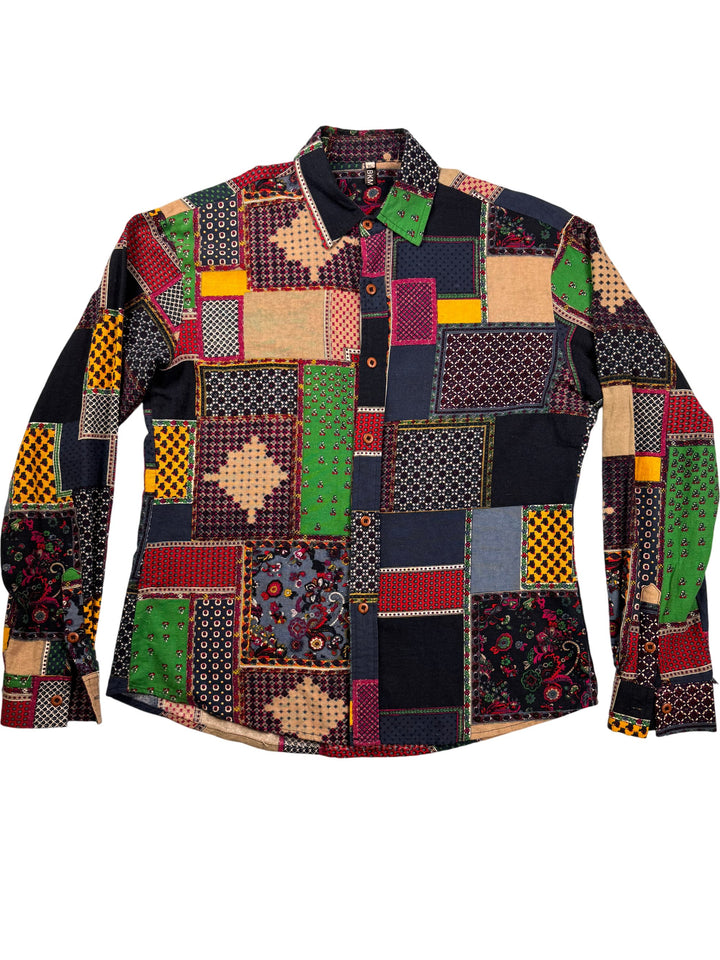 Multicolor Patchwork Long Sleeved Shirt - M - Think Vintage