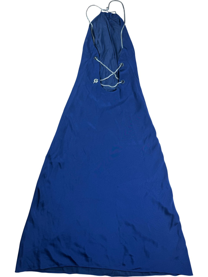 Navy Halterneck Maxi Dress - M - Think Vintage ltd