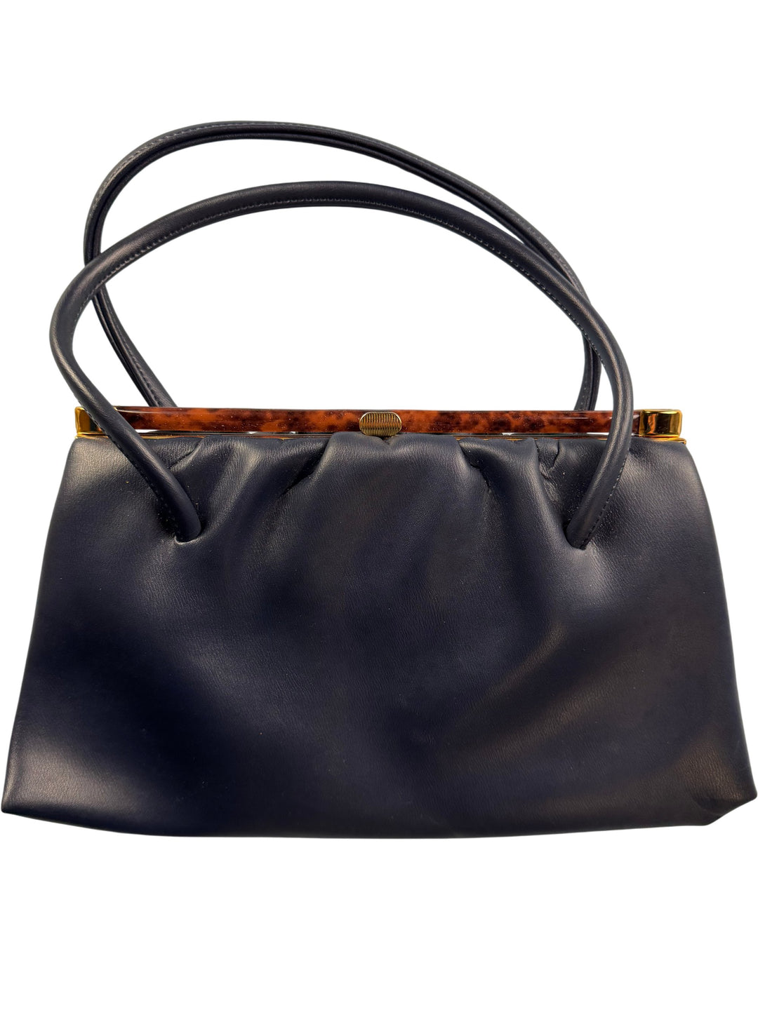 Navy Leather Handbag with Tortoiseshell Accent - Think Vintage