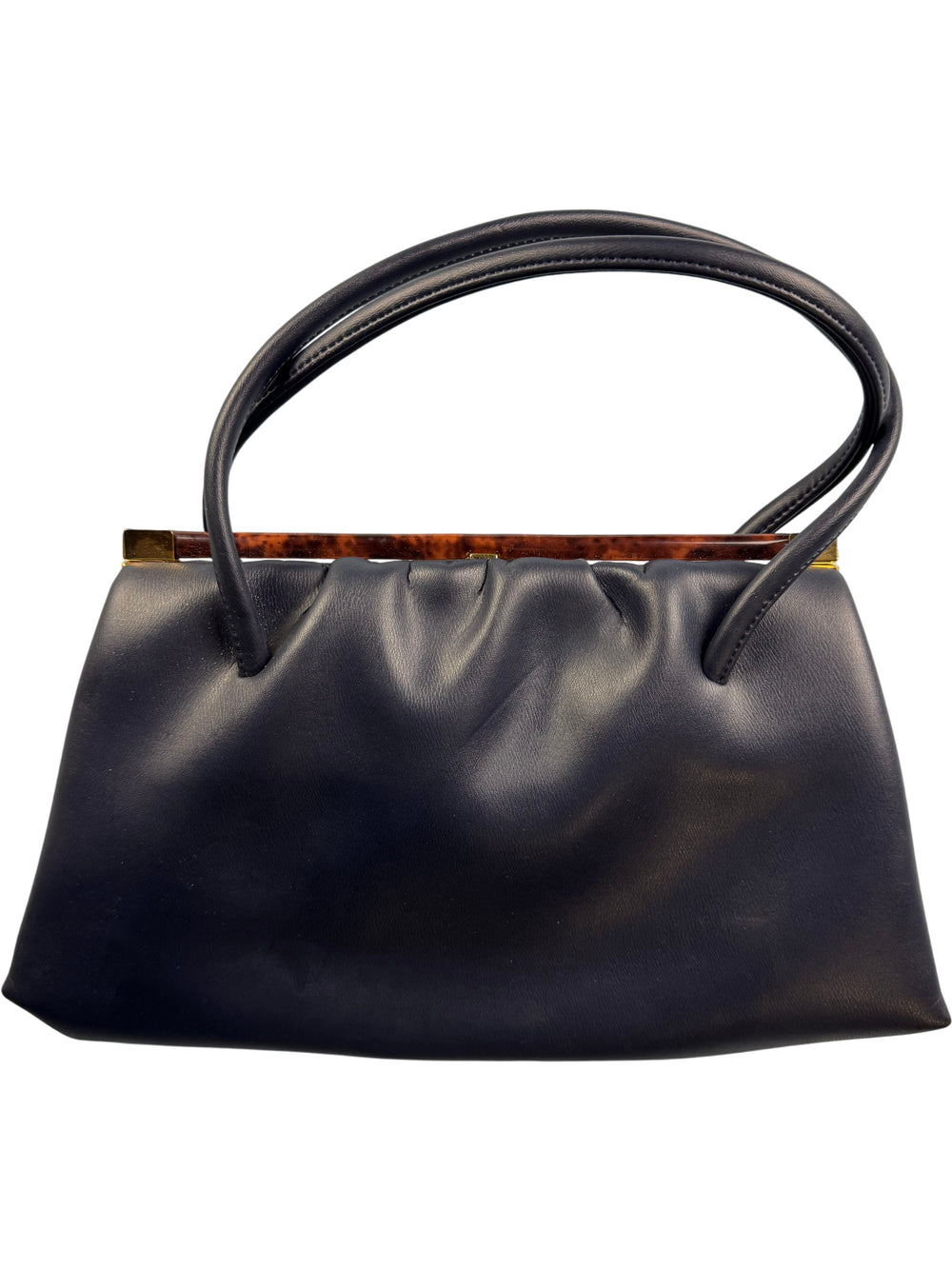 Navy Leather Handbag with Tortoiseshell Accent - Think Vintage