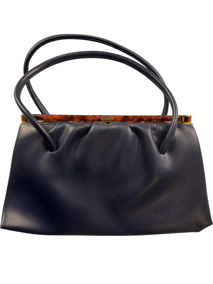 Navy Leather Handbag with Tortoiseshell Accent - Think Vintage Online Ltd