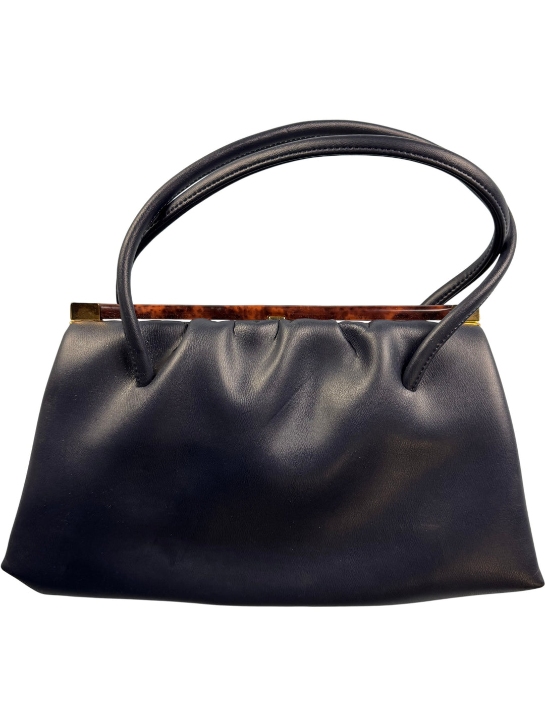 Navy Leather Handbag with Tortoiseshell Accent - Think Vintage Online Ltd