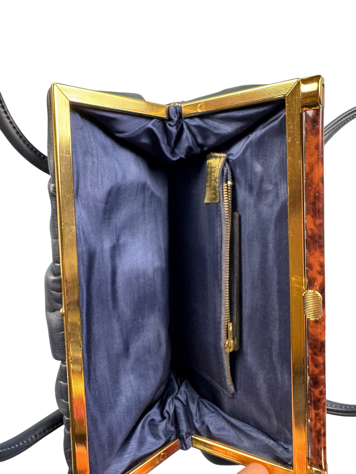 Navy Leather Handbag with Tortoiseshell Accent - Think Vintage Online Ltd