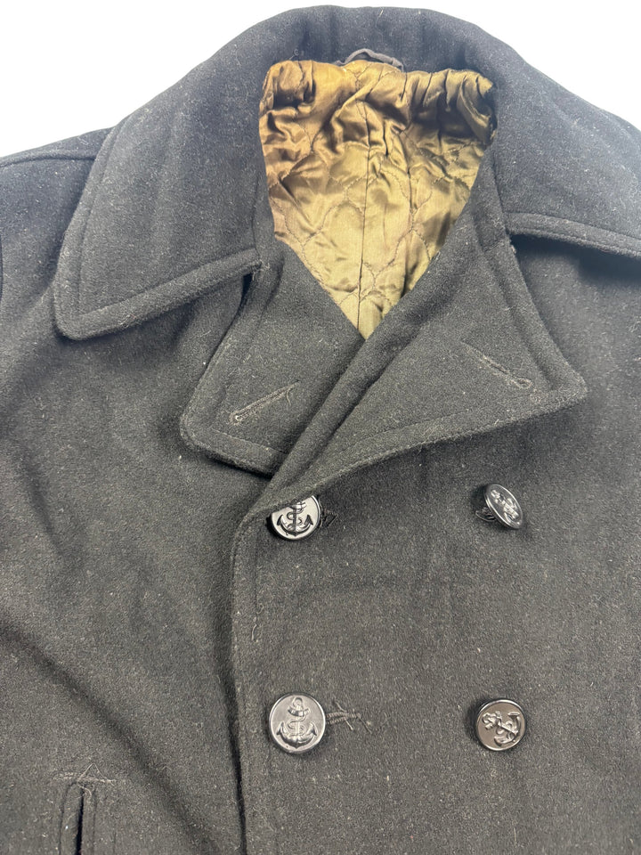 Navy Pea Coat with Anchor Buttons - L - Think Vintage Online Ltd