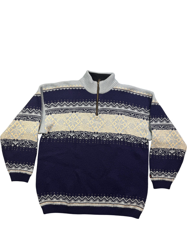Norwool Blue Patterned Wool Sweater - L - Think Vintage Online Ltd