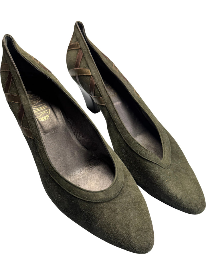 Olive Suede Pointed Toe Heels - 7.5 - Think Vintage ltd