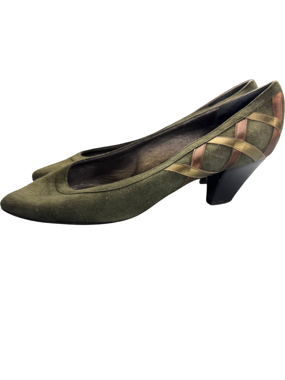 Olive Suede Pointed Toe Heels - 7.5 - Think Vintage ltd
