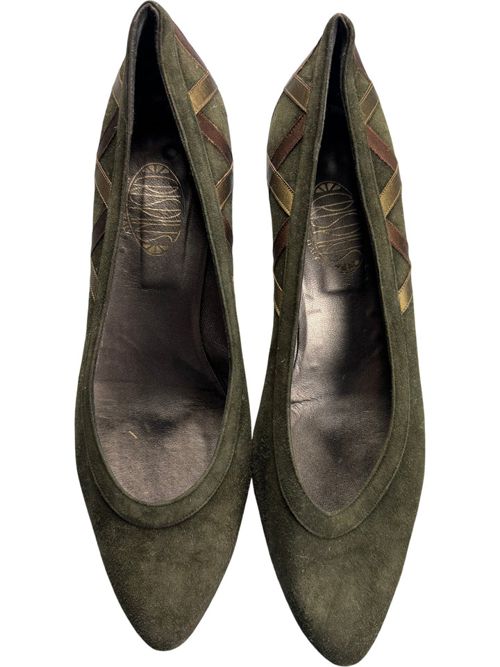 Olive Suede Pointed Toe Heels - 7.5 - Think Vintage ltd