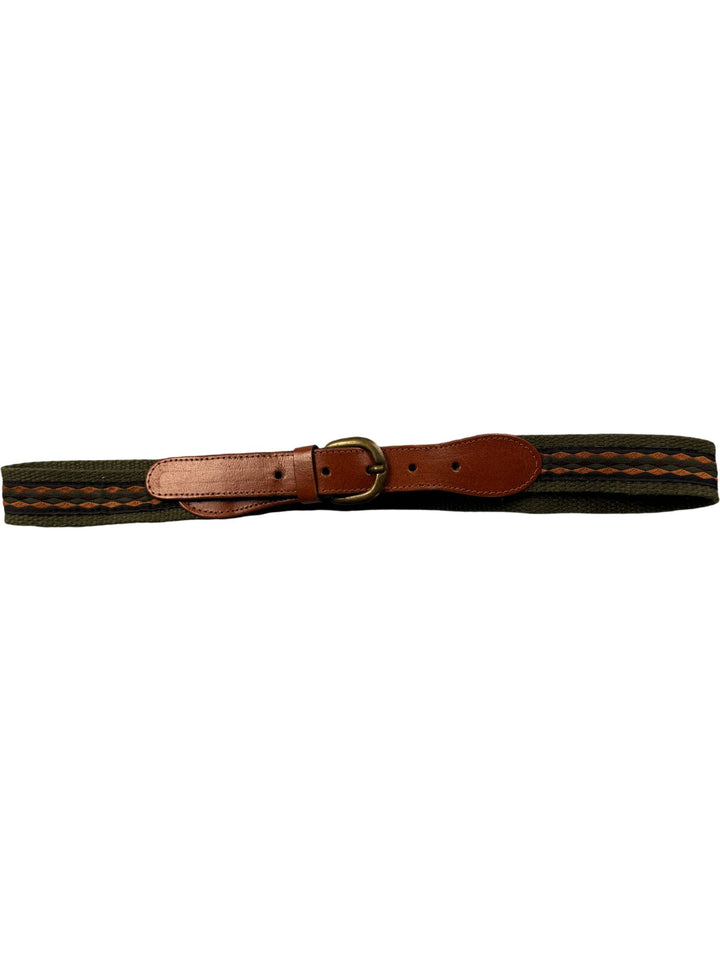Olive Woven Belt With Leather Accents - Think Vintage ltd