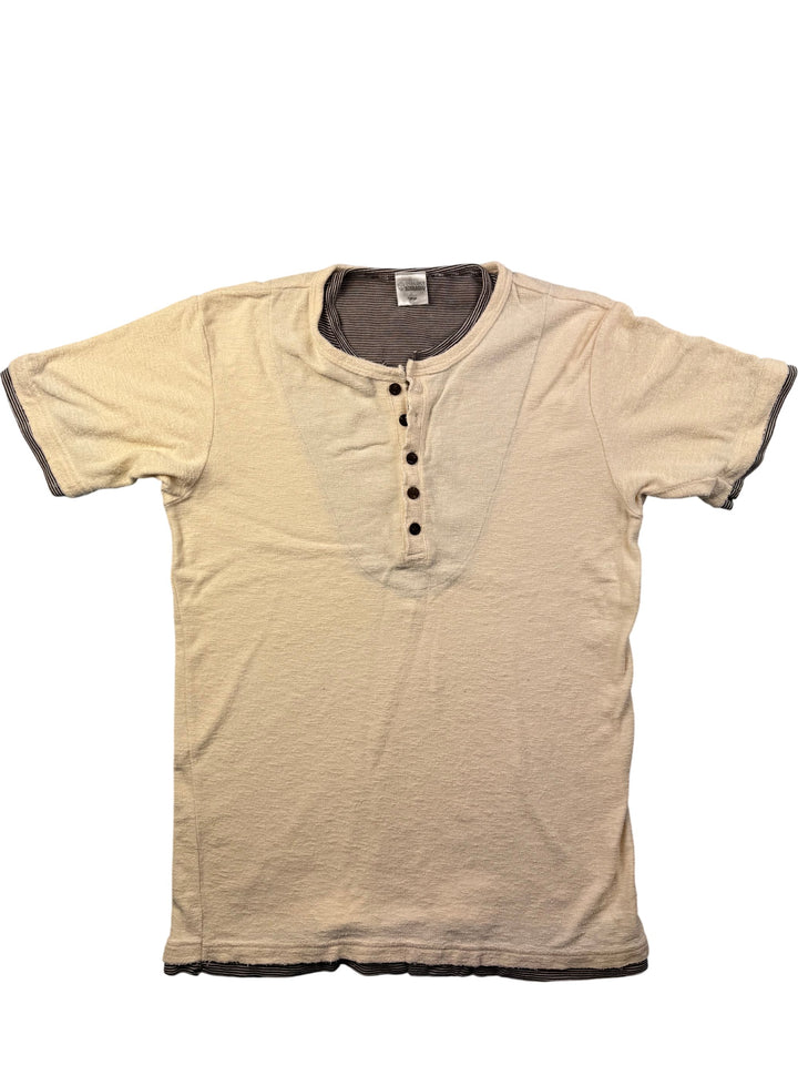 Oval Dice Beige Short Sleeve Button Top - M